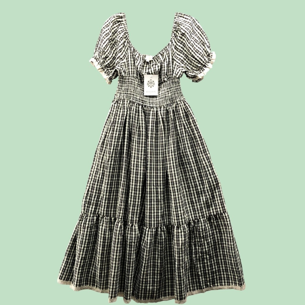 NWT Rebellion Again Gingham Smocked Puff Sleeve Tiered Maxi Dress L Milkmaid